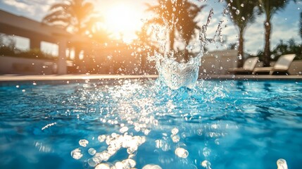 Refreshing Splash of Water in Bright Sunlit Pool at Sunset