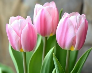 Fototapeta premium Delicate Pink Tulips In Bloom Close Up of Three Flowers in Spring Garden, Shallow DOF