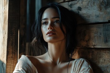 Naklejka premium Woman leaning on wooden wall