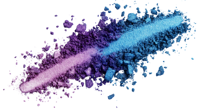 Vibrant crushed eyeshadow pigments in shades of blue and purple, powdery texture with scattered details, isolated on white background, PNG format