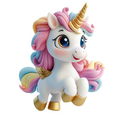 A cute cartoon unicorn with rainbow mane and golden horn on a transparent background.