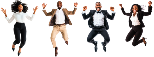 african american group of happy businesspeople: man & woman jumping up in the air isolated over transparent (white) background; concept of business success celebration, happy employee, benefit
