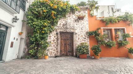 Naklejka premium Historic Stone Building Ornate Iron Door Lush Vines Bougainvillea Cobblestone Street