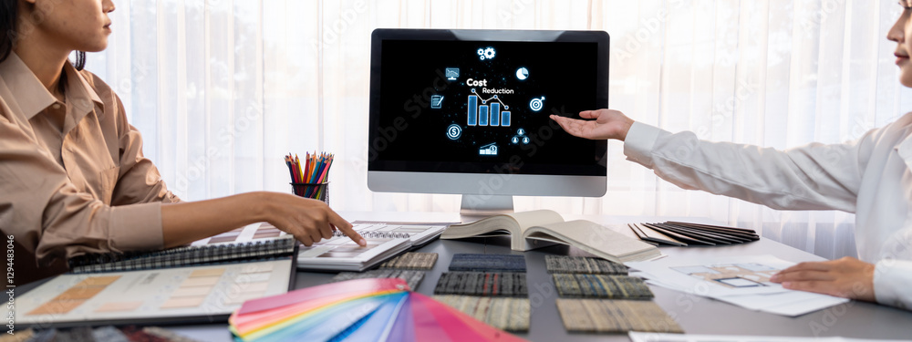 Poster cost reduction, cost saving concept shown on computer screen brisk, corporate business efficiently s