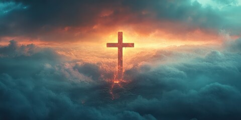 Obraz premium Serene cross illuminated by radiant light amidst billowing clouds at dawn