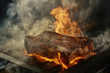 Naklejka premium Sizzling Medium-Rare Steak Cooking on Grill Restaurant Kitchen Food Photography High-Heat Environment Close-Up View Culinary Art