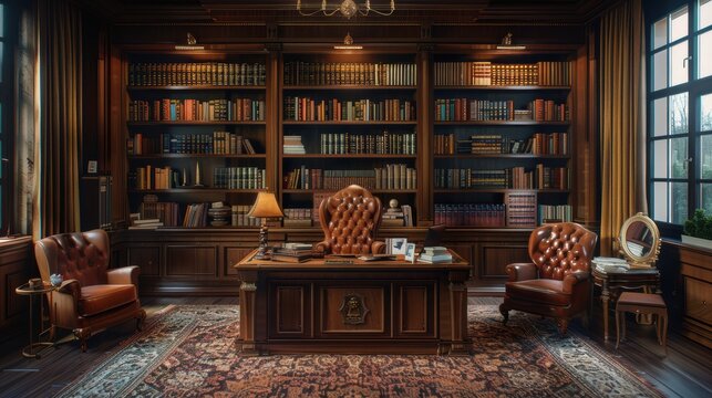 Elegant vintage library with leather chairs, wooden desk, and bookshelves filled with classic literature and soft lamp lighting.