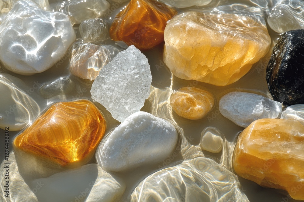 Poster serene close up of translucent and colorful stones under clear water creating a calming and magical 