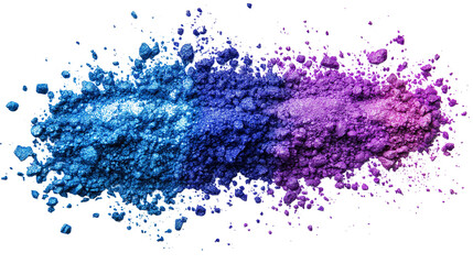 Vibrant crushed eyeshadow pigments in shades of blue and purple, powdery texture with scattered details, isolated on white background, PNG format