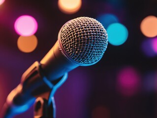 Obraz premium Captivating Microphone Close Up on Stage with Vibrant Bokeh Lights Creating a Dynamic Atmosphere for Performance