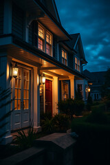 Illuminated Suburban House at Night: Captivating View of Home Exterior with Warm Lighting and Landscaping