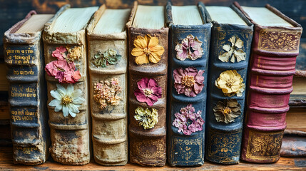 Vintage books with pressed flowers