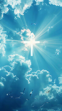 An image of the holy cross shining brightly in the blue sky, symbolizing faith, hope, and divine spirituality.