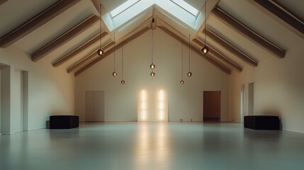 Obraz premium Modern interior of minimalist gallery with natural light and beams