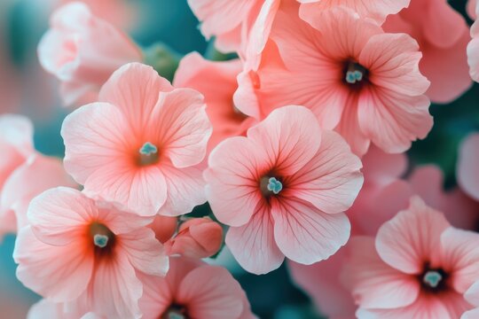 Soft focus close up of delicate pink lavatera flowers against a teal background creating a serene and romantic mood for spring