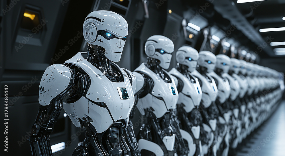 Poster endless array of humanoid robots with glowing eyes, lined up in a futuristic corridor. the future is