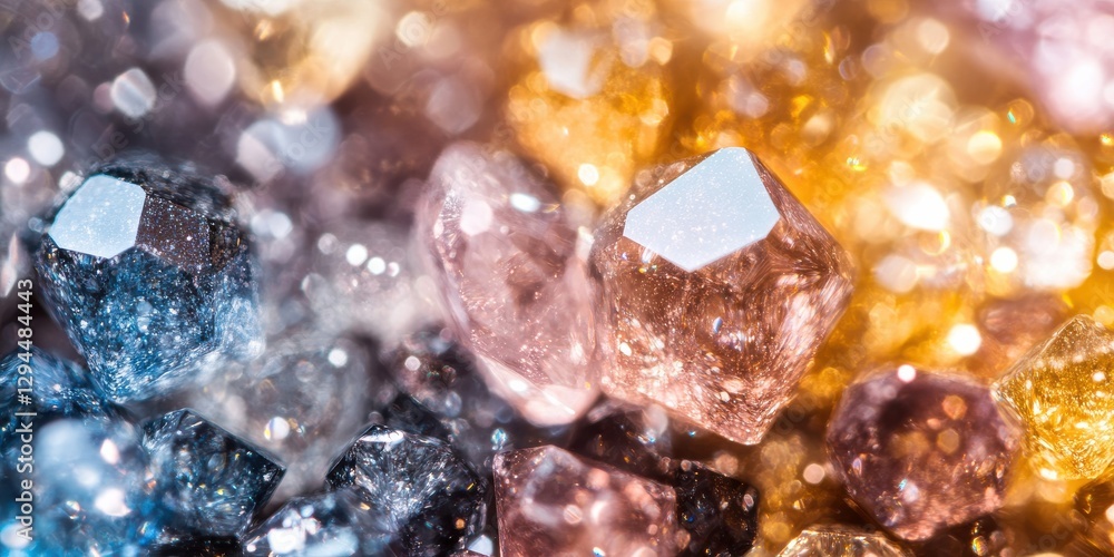 Poster close-up of shimmering multicolored crystals with sparkling light reflection