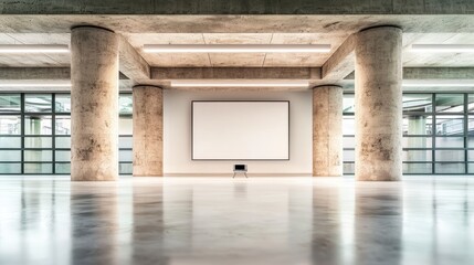 Obraz premium Modern Conference Room Empty Space Blank Projector Screen Concrete Pillars Large Windo