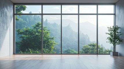 Fototapeta premium Serene Mountain View Through Large Glass Windows in Modern Interior