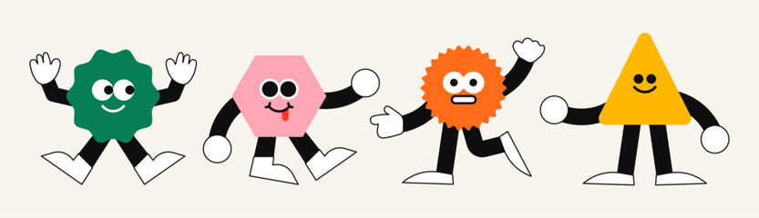 Cute geometric figures with faces. Isolated cartoon heads with eyes and emotions. Group of geometric characters. Funny drawings with childish style. Flat vector illustrations.