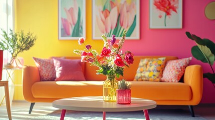Vibrant living room with colorful decor and bright florals creating a warm and inviting atmosphere