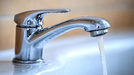 Freshly polished chrome faucet with water flowing, showcasing modern design and functionality