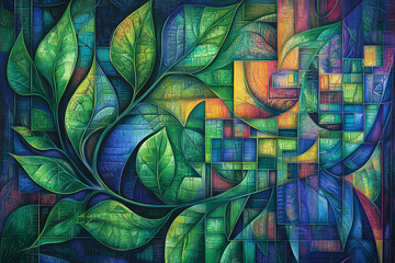 Abstract painting of green leaves blending with geometric city shapes