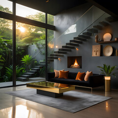 A low-profile black sofa, accented with burnt-orange velvet cushions, anchors the space, offering both style and comfort.