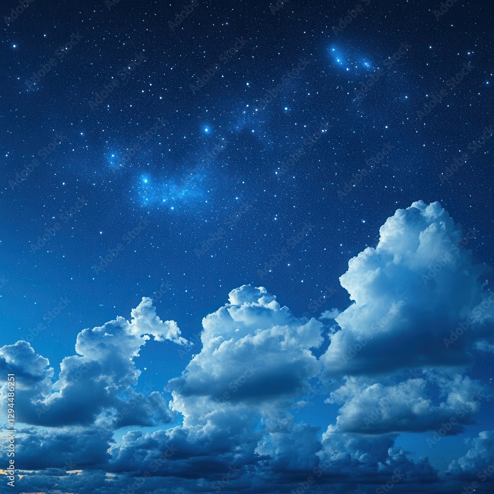 Poster ethereal nightscape with voluminous clouds against a backdrop of twinkling stars and celestial const