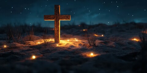 Fototapeta premium Wooden cross illuminated by surrounding lights in a serene night landscape with stars above
