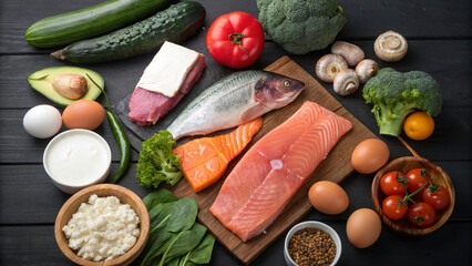 Dukan diet: fish (salmon, tuna), eggs and cottage cheese. Vegetables: broccoli, zucchini, tomatoes, carrots and greens. The image is ideal for use in health blogs, diet recipes and nutrition content.