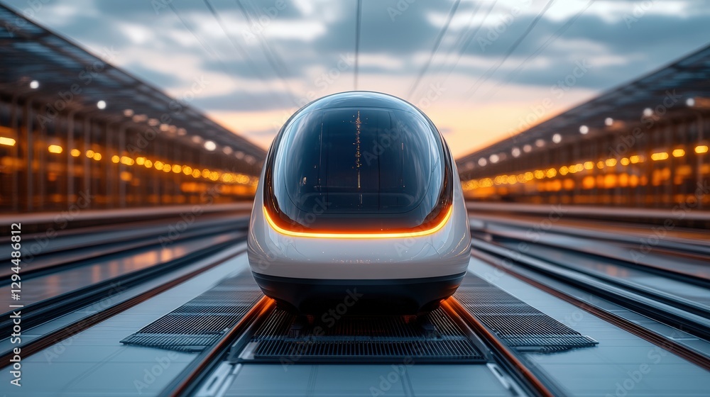 Poster train in motion passing through busy train station with hyperloop train in background