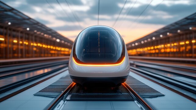 Train in motion passing through busy train station with hyperloop train in background