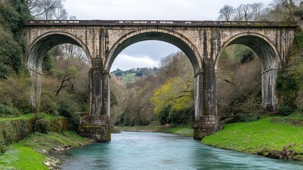 Fototapeta premium Historic stone bridge over a serene river in a lush valley