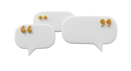 Isolated Group of White Speech Bubbles with Golden Quotation Marks: 3D Render