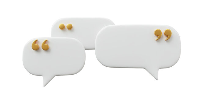 Isolated Group of White Speech Bubbles with Golden Quotation Marks: 3D Render