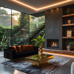 A low-profile black sofa, accented with burnt-orange velvet cushions, anchors the space, offering both style and comfort.