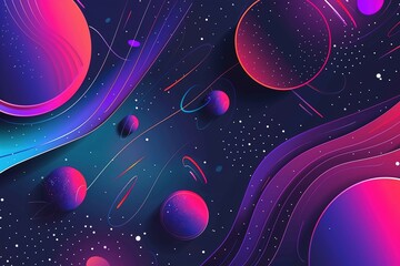 Artistic depiction of colorful planets and orbits in a nebula-like space environment