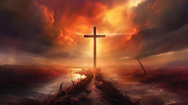 Dramatic Illustration of Judgment Day Featuring a Glowing Cross Amidst Fiery Clouds