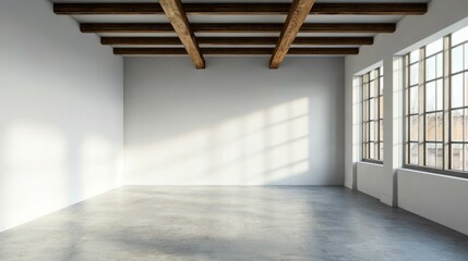 Obraz premium Bright and Spacious Modern Interior with Wooden Beams and Windows