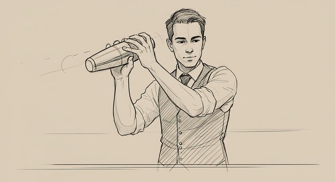 bartender shaking cocktail sketch, monochrome style clip art preview