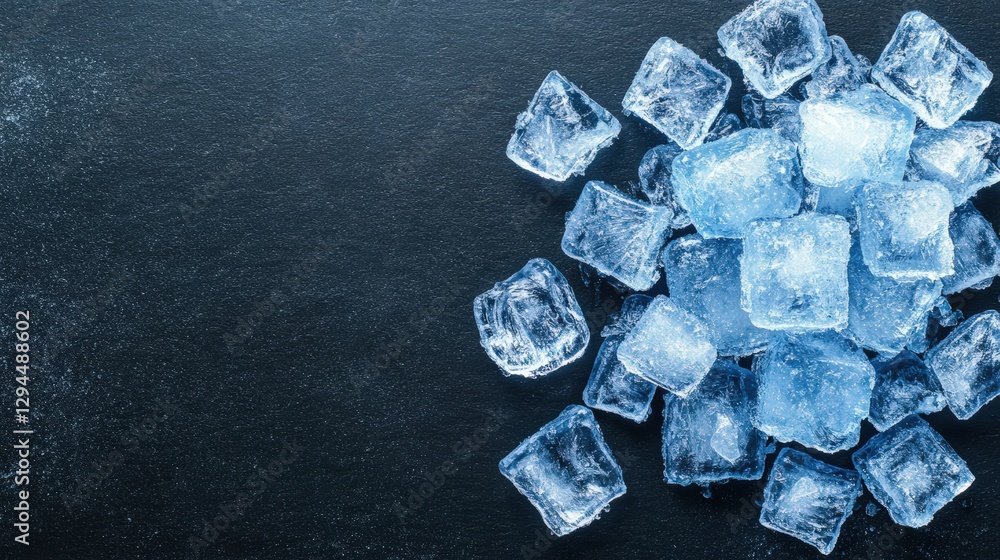 Poster ice cubes on a black background with a textured blue frozen surface and frost patterns visible