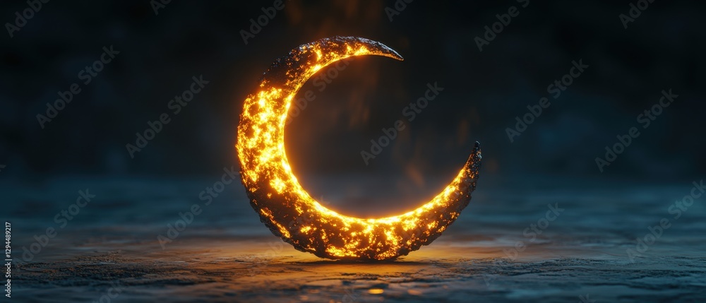 Poster captivating crescent moon glowing with fiery light on a dark surface creating a mystical and celesti
