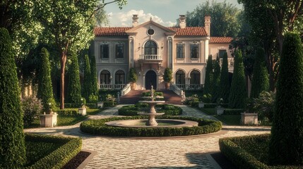 Obraz premium Elegant Villa Surrounded by Lush Greenery and Manicured Gardens