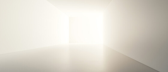 Modern bright white minimalistic room with glowing light in abstract perspective, futuristic interior design, empty space with soft reflections, clean aesthetic background for architecture concepts