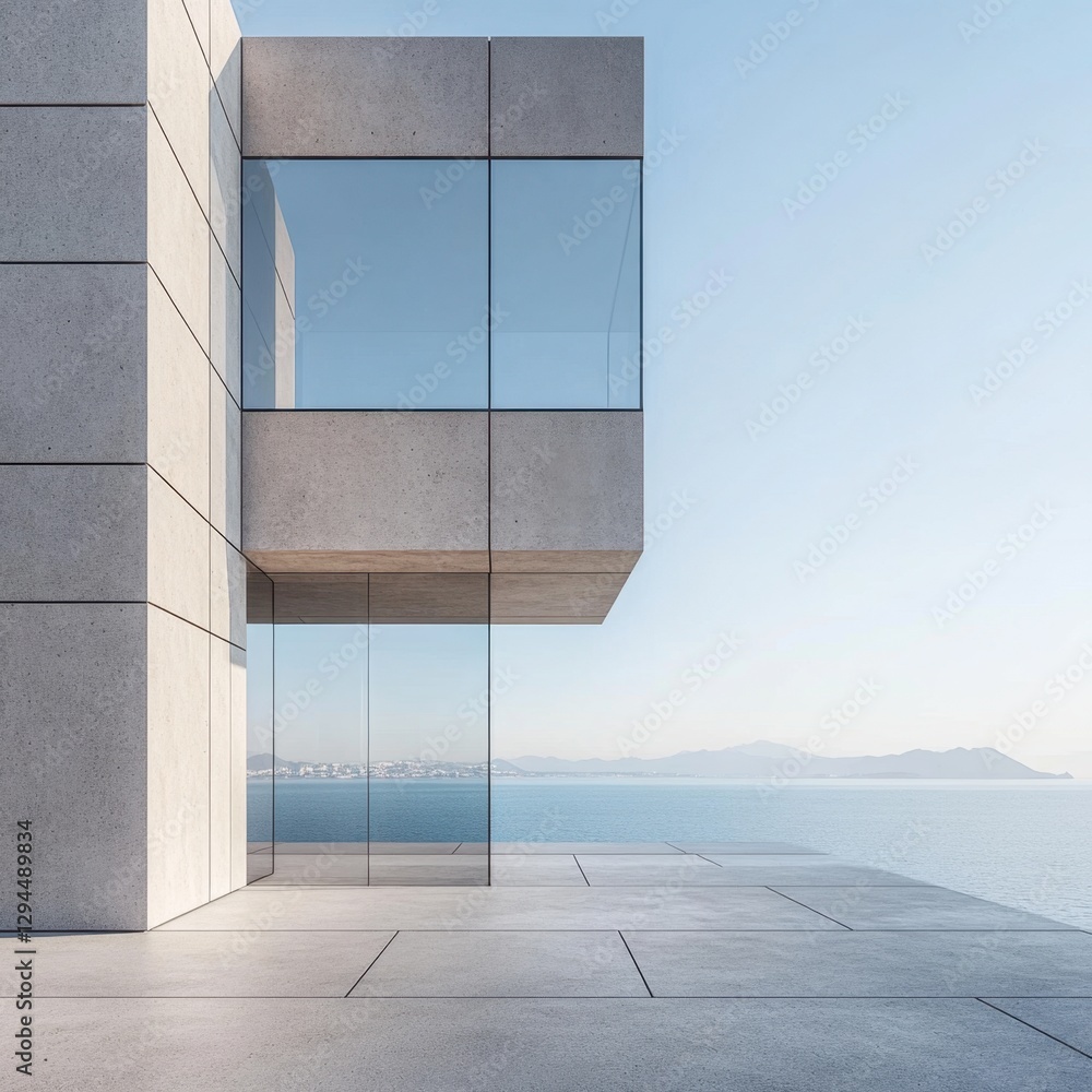Poster minimalist architecture meets tranquil seascape modern building design with serene ocean view and cl