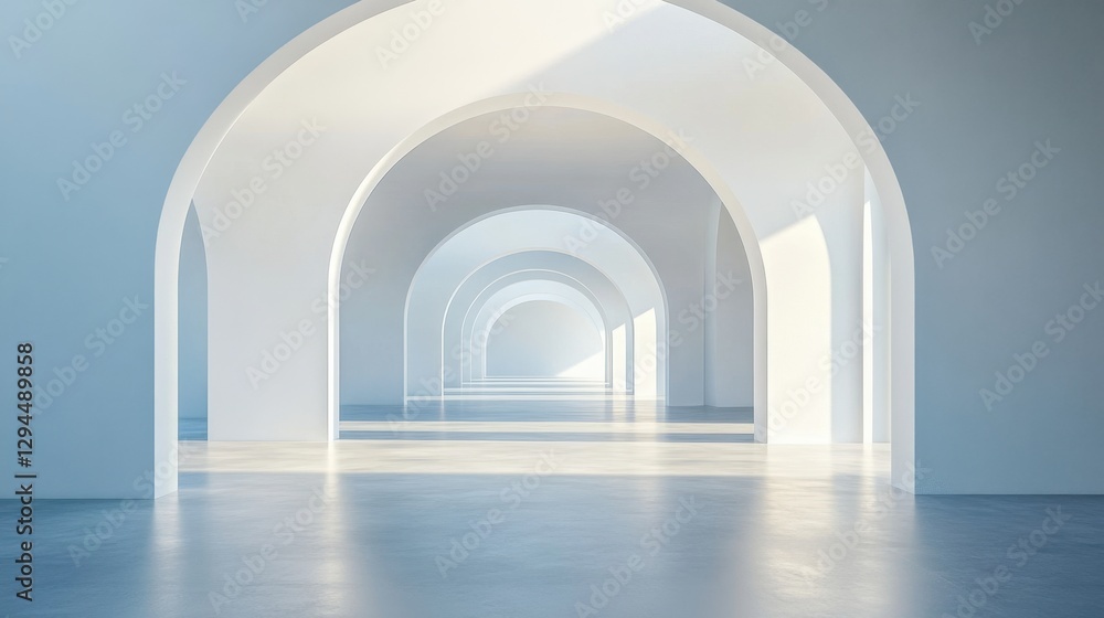 Poster serene architectural space featuring a series of arches bathed in soft light creating a minimalist a