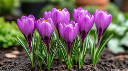 Vibrant purple crocus flowers blooming in garden bed, showcasing nature beauty