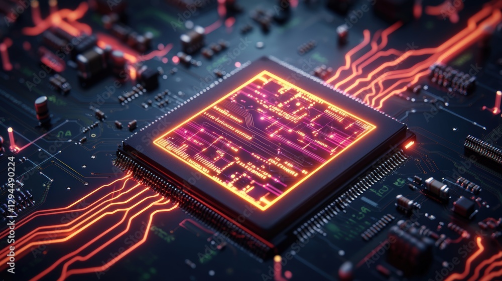 Poster close up of computer chip and illuminated circuit board with flowing energy lines and patterns