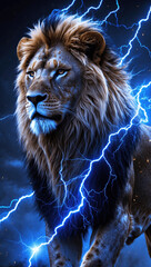 Majestic lion surrounded by striking blue lightning in a dramatic night sky